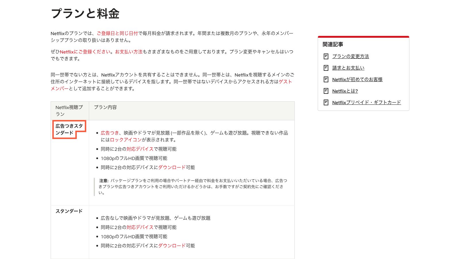 Netflix公式の料金プランページ