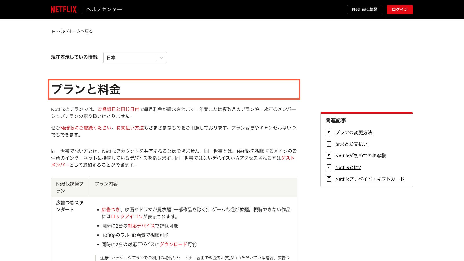 Netflixの日本向けプランと料金が載ったヘルプページ