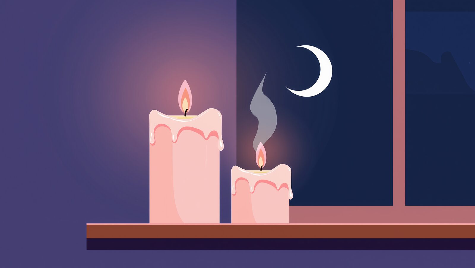 夜の窓辺に並ぶ、背の高いろうそくと短いろうそく