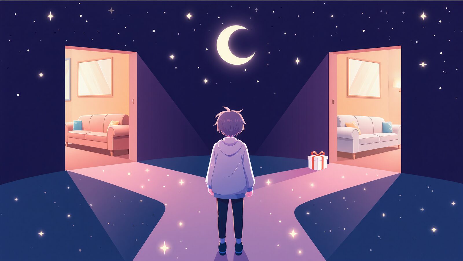 星空の分かれ道で、くつろぐ部屋とギフトの前に立つ後ろ姿