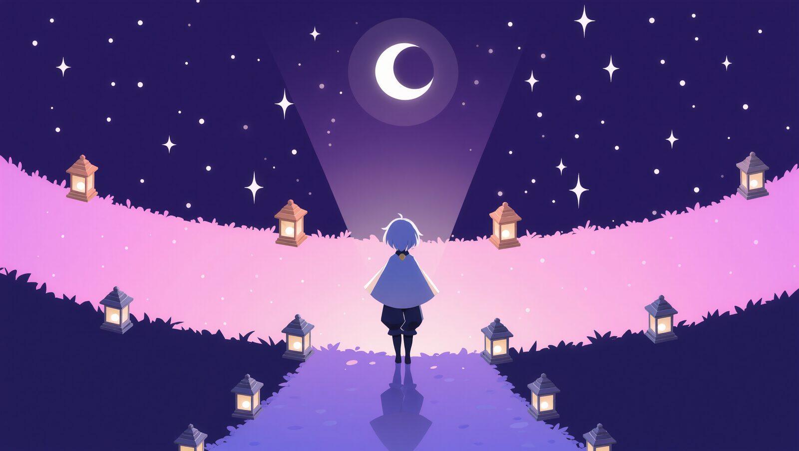 星空の下、分かれ道に立つ後ろ姿のキャラクターと灯り