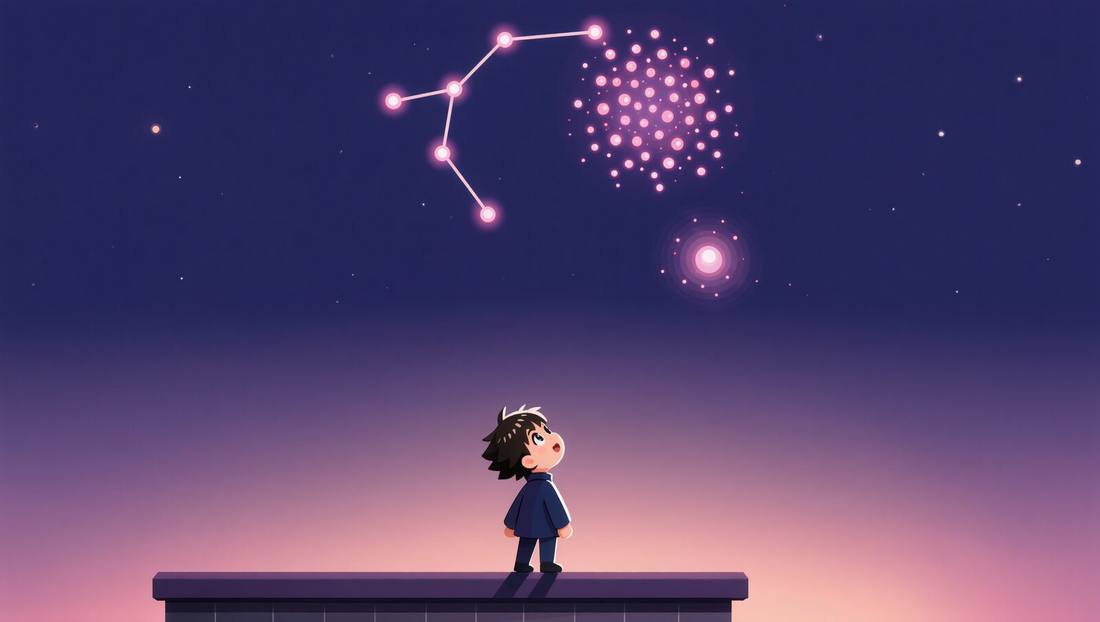 夜空に浮かぶ大小2つの光の星団を見上げる子ども