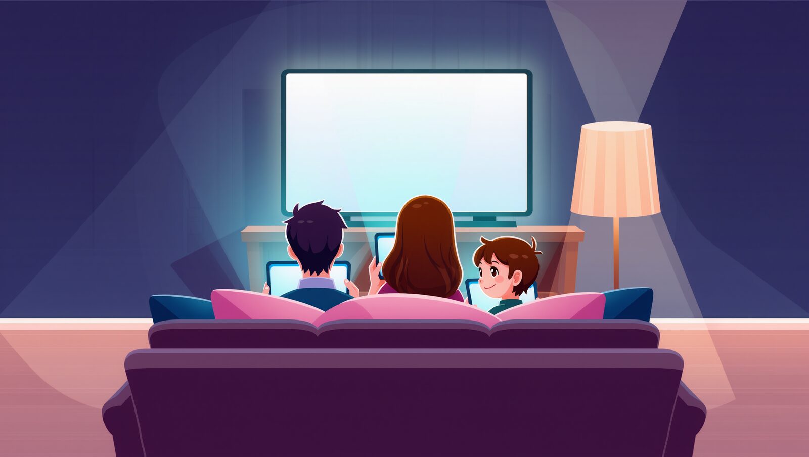 夜のリビングで家族3人がそれぞれ画面を見ているところ