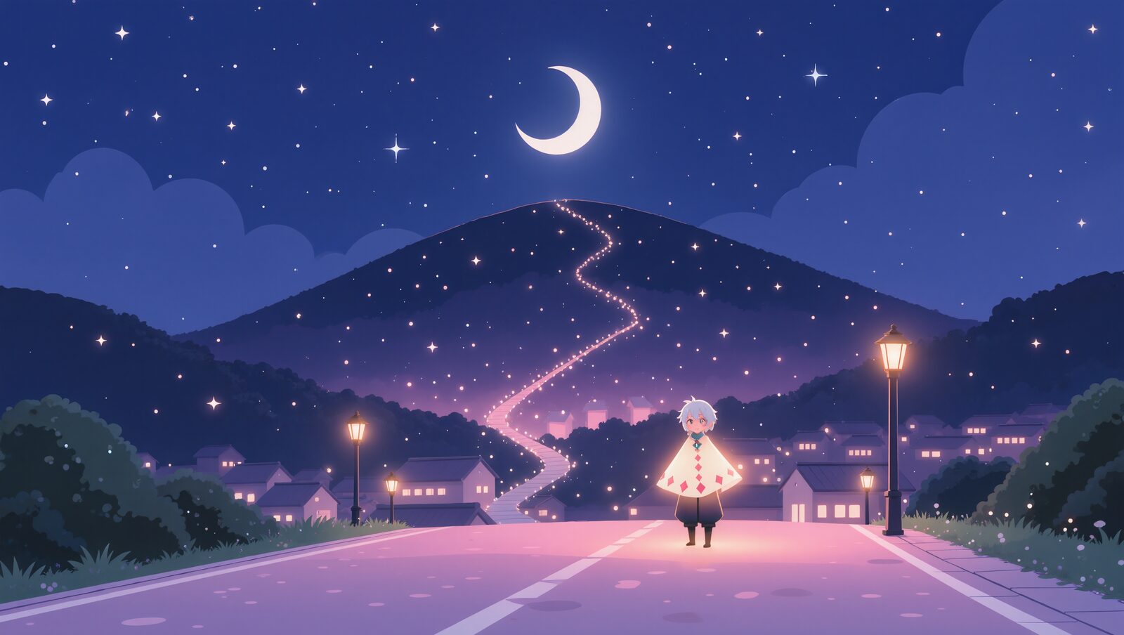 星空の下、光る道と夜の街が見える分かれ道に立つ人物
