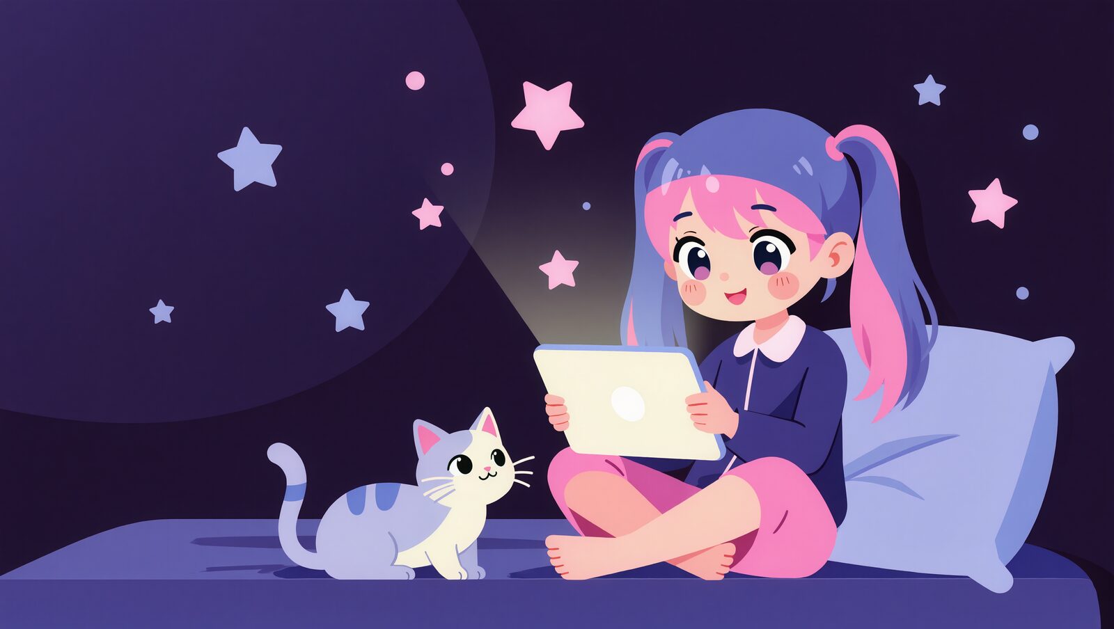 ベッドの上でタブレットを手に、猫と一緒に見る作品を選ぶツインテールの少女