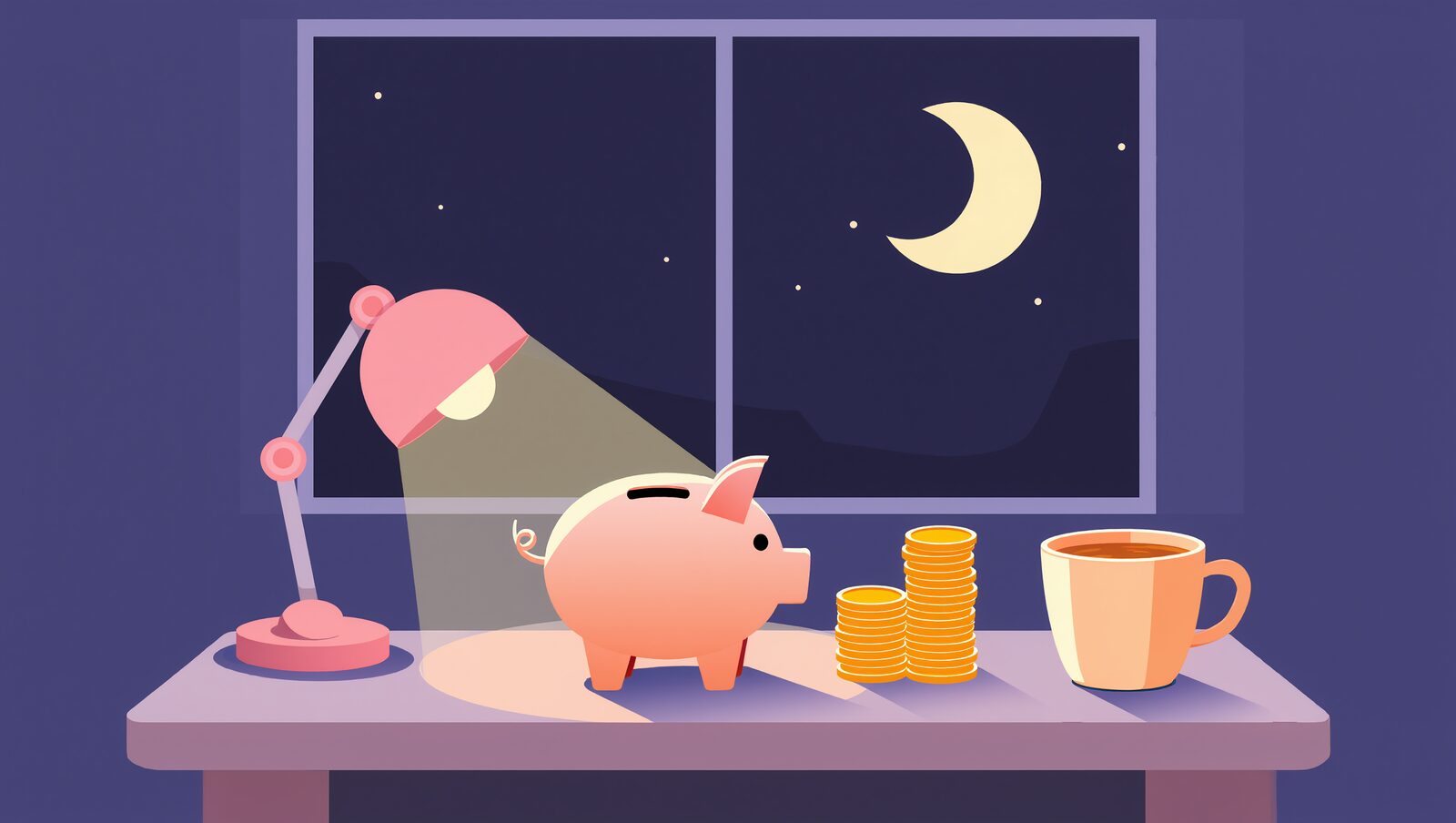 夜の机に置かれた貯金箱と高さの違う二つのコインの山