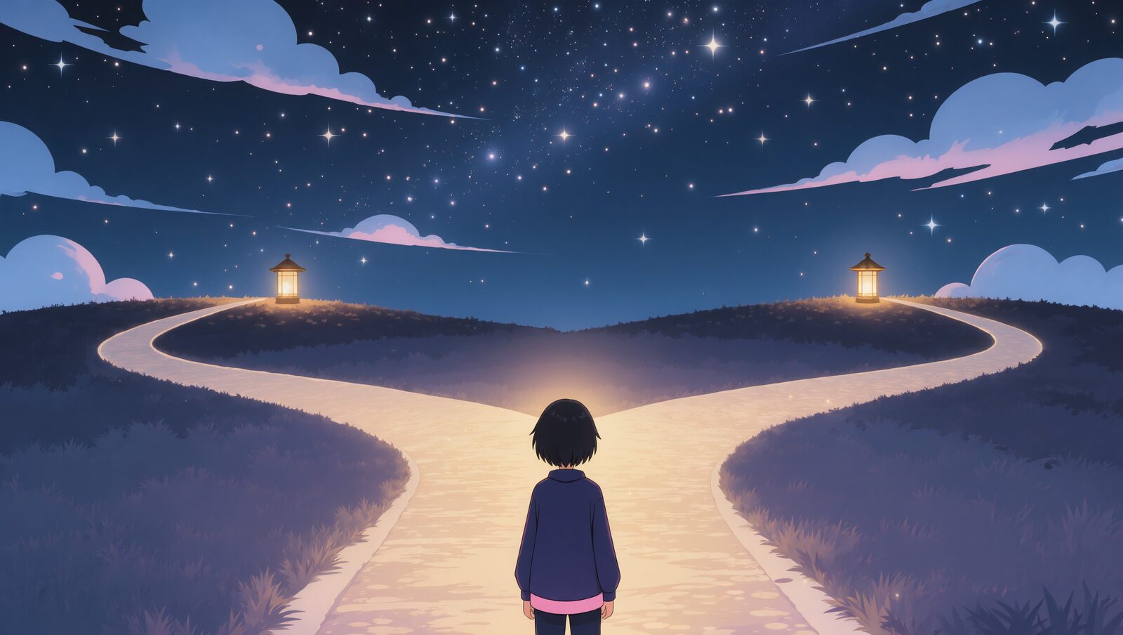 星空の下、二つの光る道に分かれる丘の分かれ道に立つ人