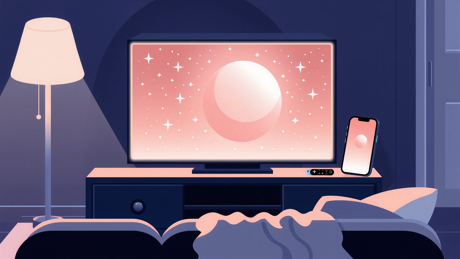 夜の部屋でテレビとスマホに月の映像が映っている様子