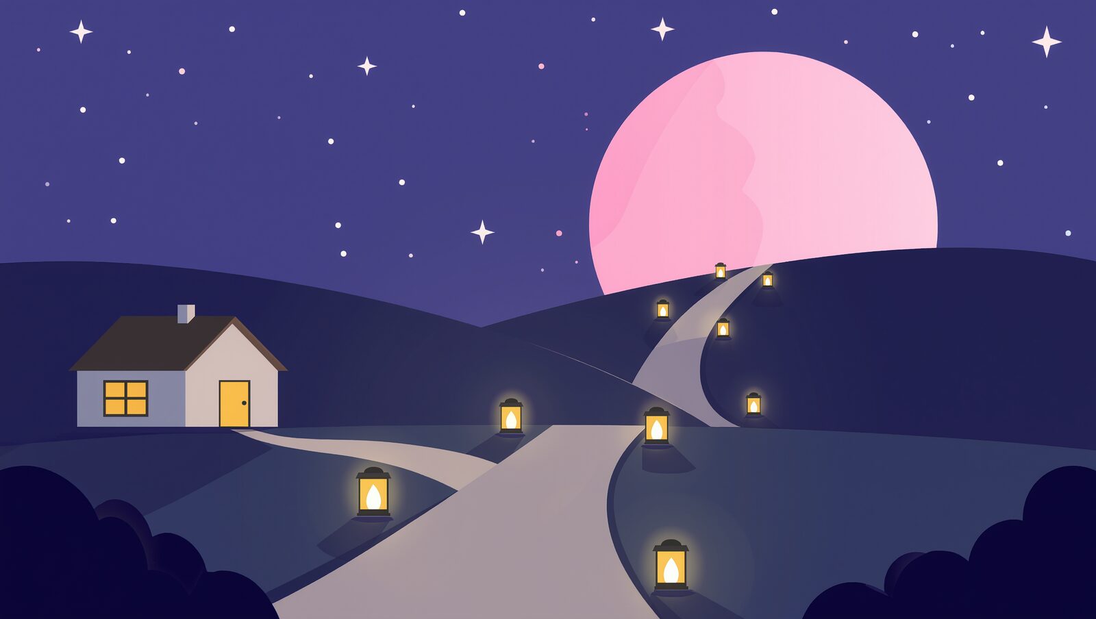 月夜の丘で二手に分かれる、ランタンが灯る道