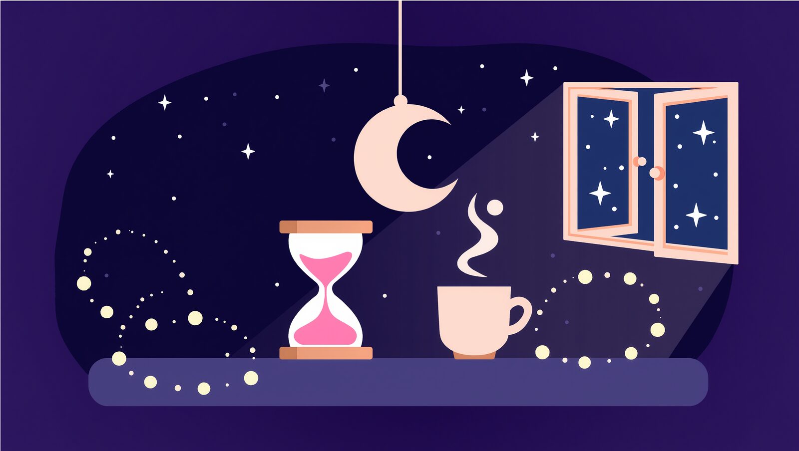 砂時計と湯気の立つカップが並ぶ、星空の窓辺の夜