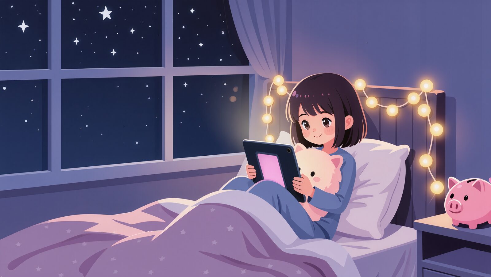 ベッドでタブレットを見ながらぬいぐるみを抱く女の子