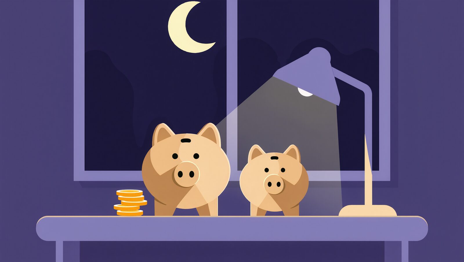 夜の窓辺に並ぶ2つの貯金箱とコインのイラスト