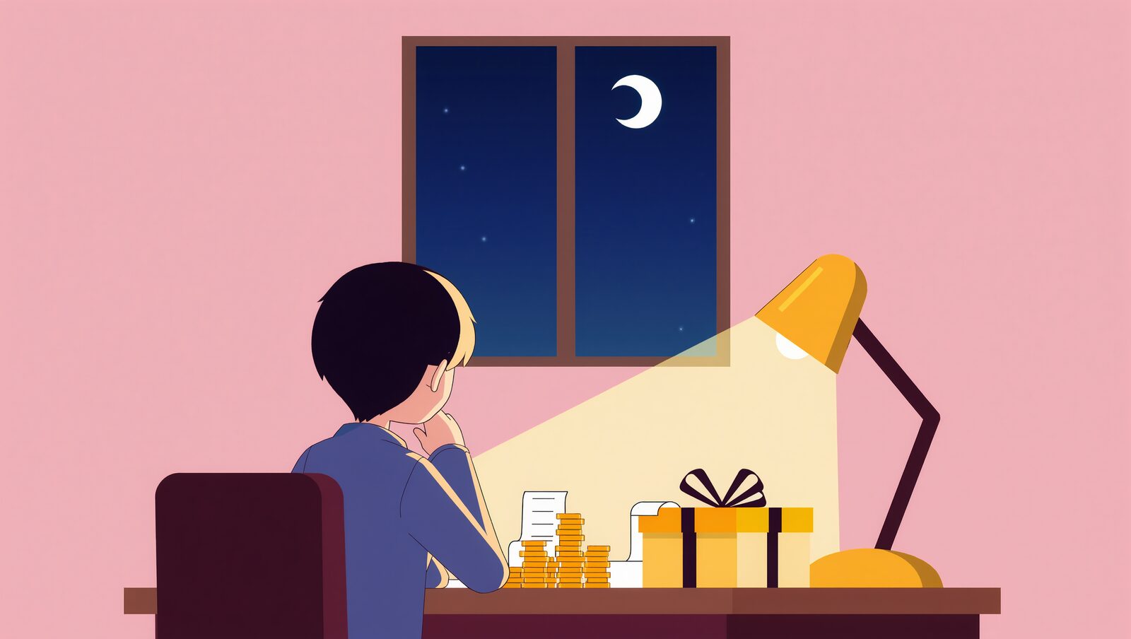夜の机でコインとギフト箱を前に考え込む人