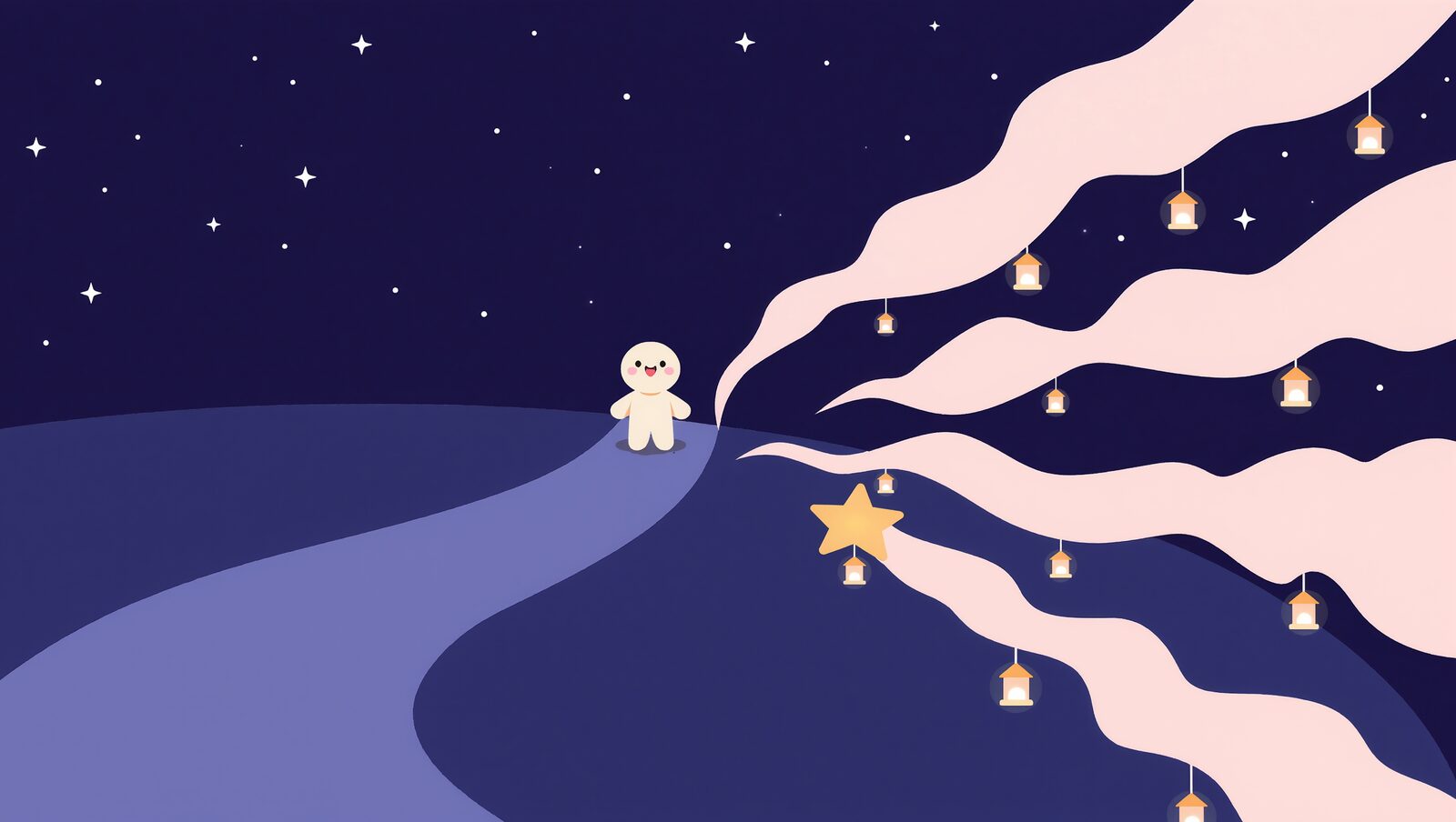 星空の下、分かれ道に立つ小さなキャラクターとランタンの道