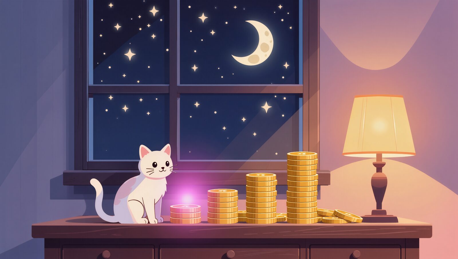 高さの違う4つのコインの山と猫、夜の窓辺