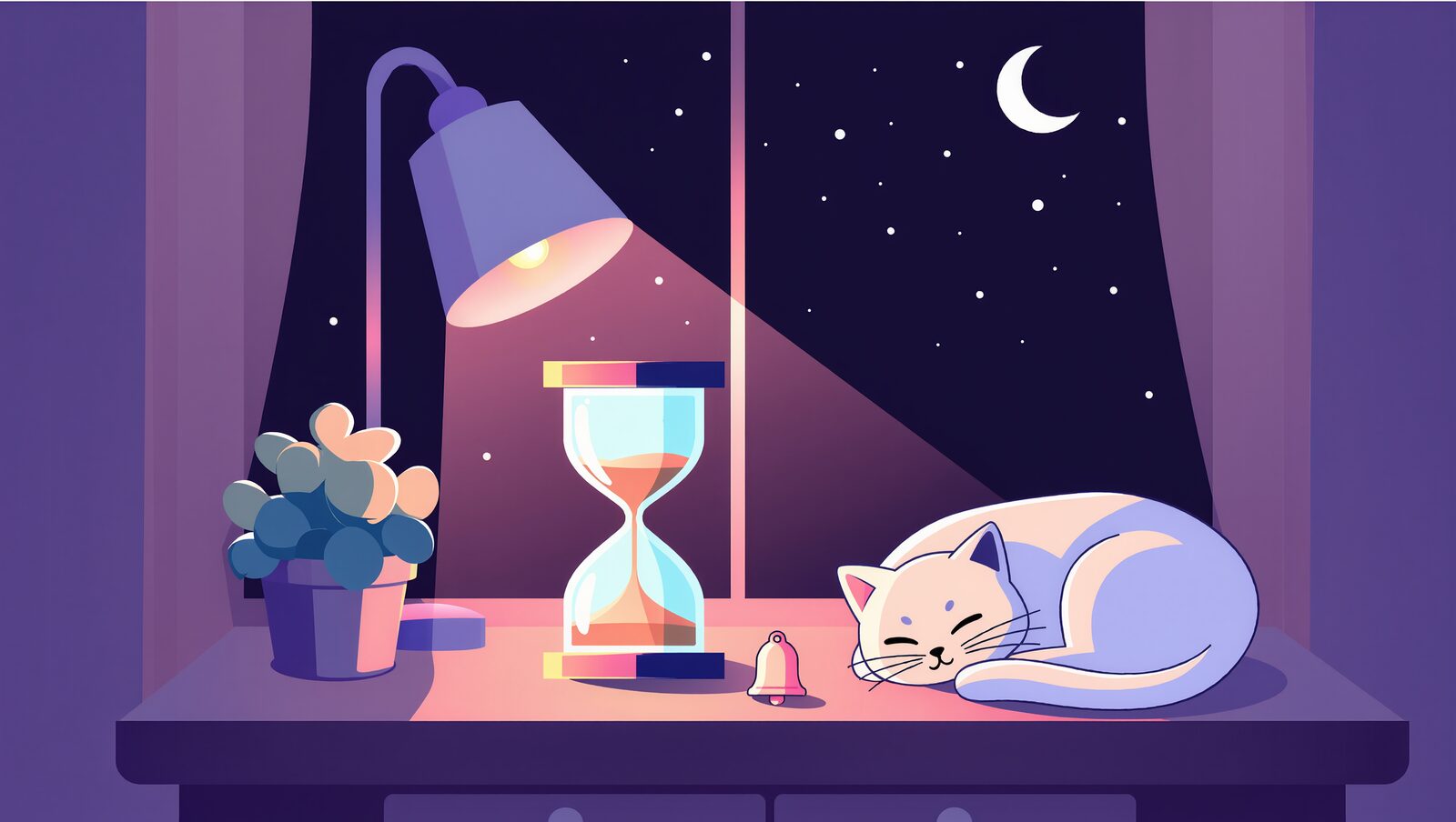 砂時計と眠る猫がいる、夜の窓辺の静かな待ち時間