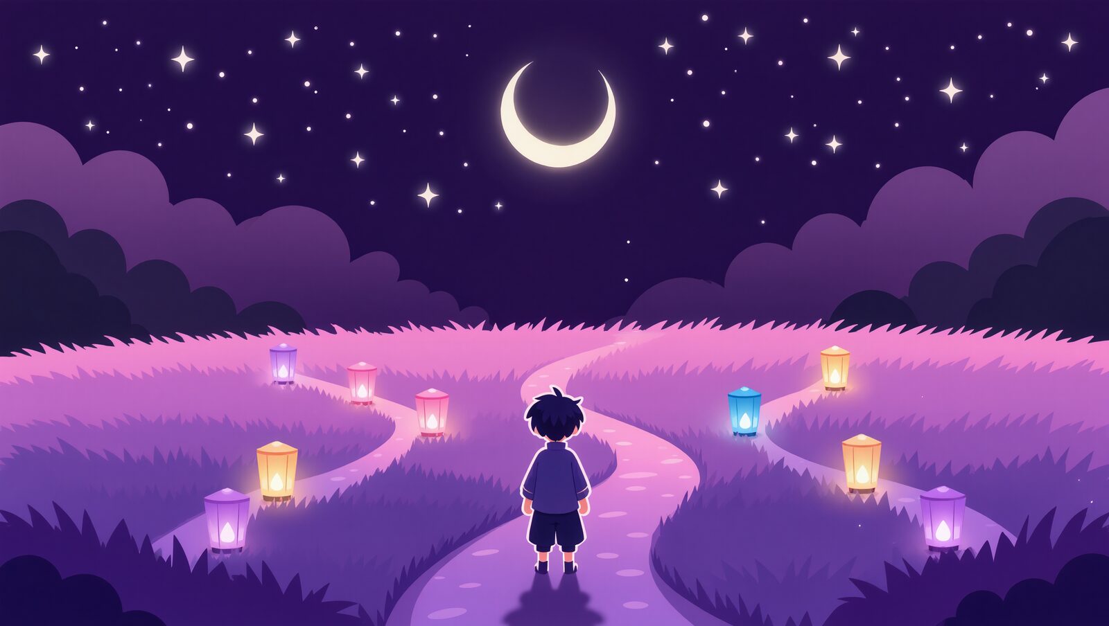 星空の下、4本の道の分かれ道に立つ後ろ姿の少年