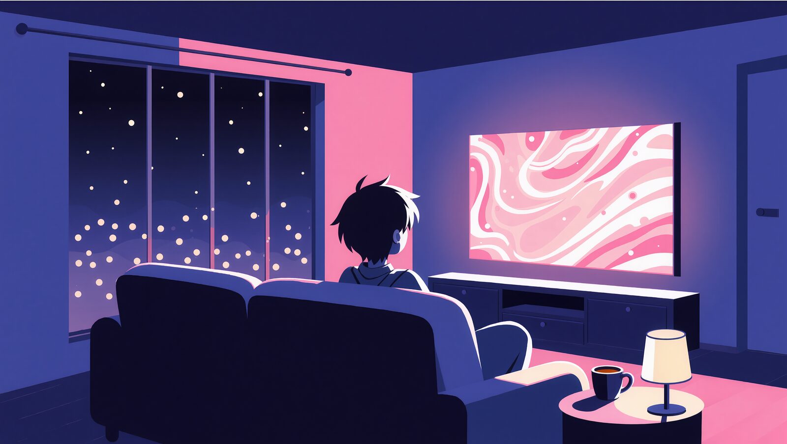 夜のリビングでソファに座りテレビ画面を眺める人物