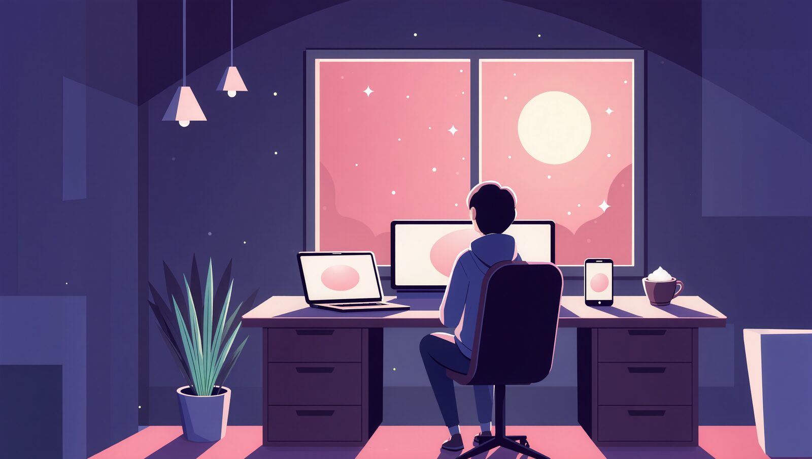 夜の部屋で机のPC・タブレット・スマホに囲まれてくつろぐ人物