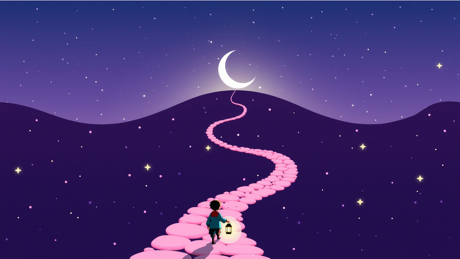 星空の下、ピンクの石畳の道を月へ向かって歩く旅人