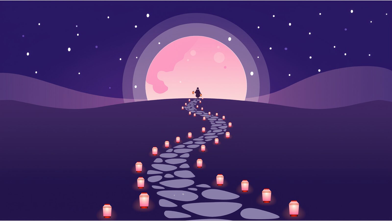 ランタンが灯る夜の石畳の道を、月に向かって歩いていく旅人