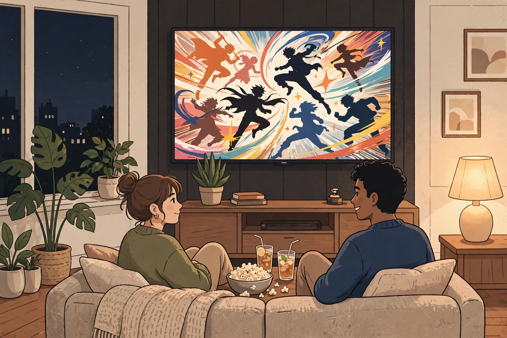 テレビでアニメを見るリビングの風景