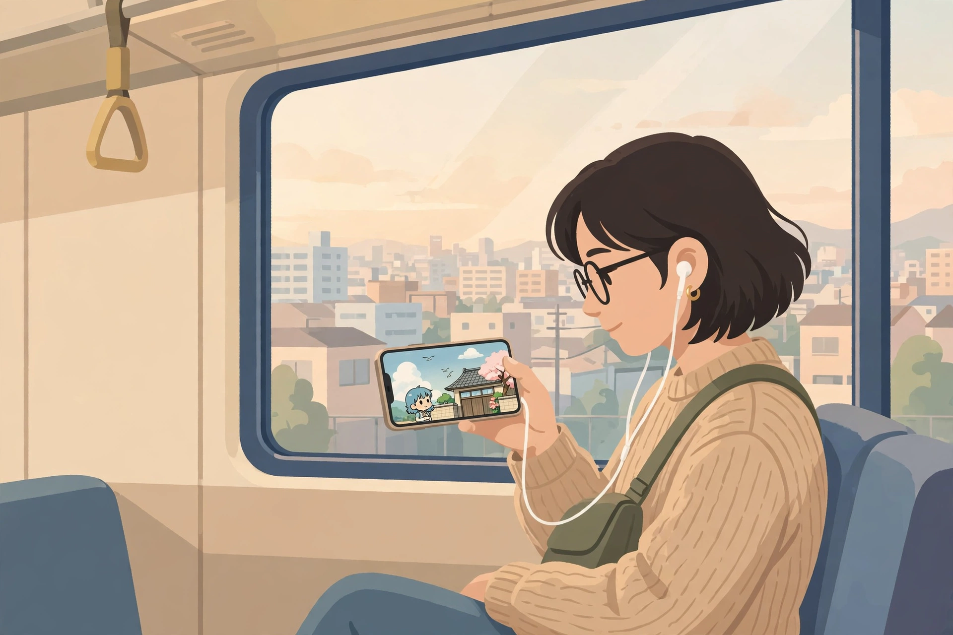 通勤中にスマホでアニメを見る様子