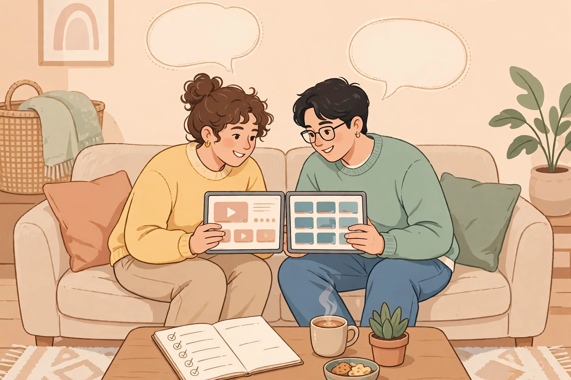 タブレットを見比べながら相談する様子