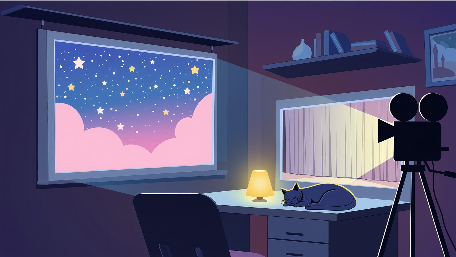 星空の絵の画面と映写機が並ぶ、猫が眠る夜の部屋