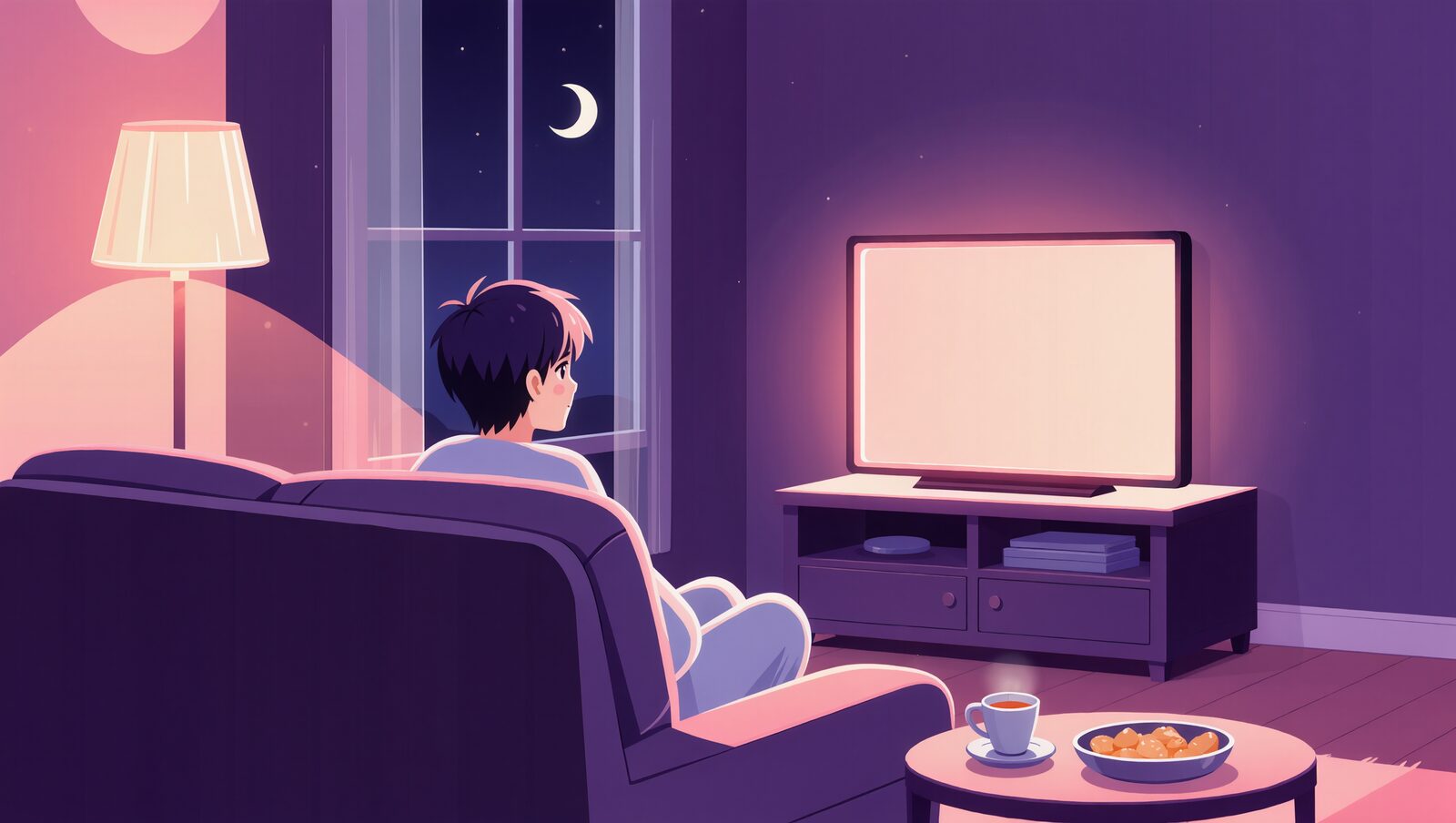 夜のリビングでソファに座りテレビを楽しむ人物